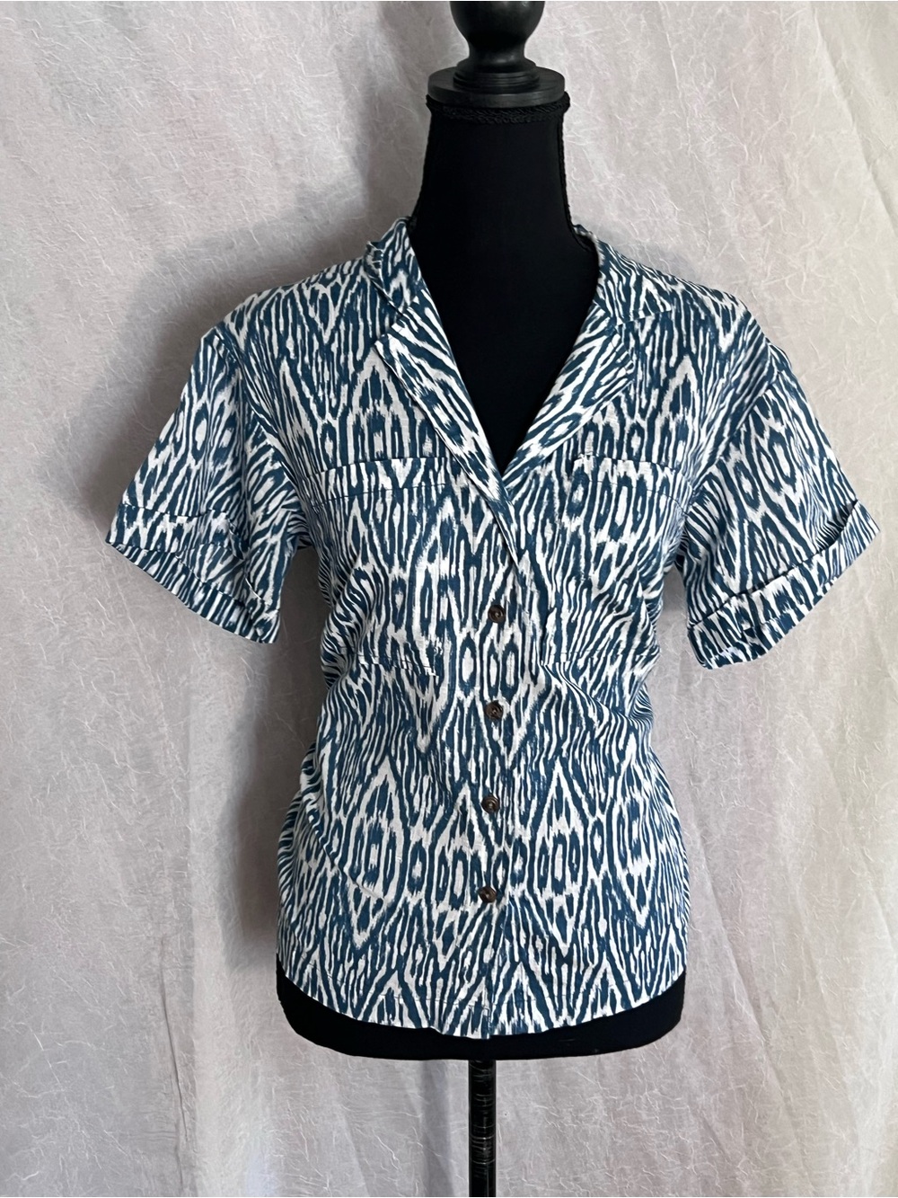 Pilcro Blue and White Ikat Short Sleeve Button-Front Top